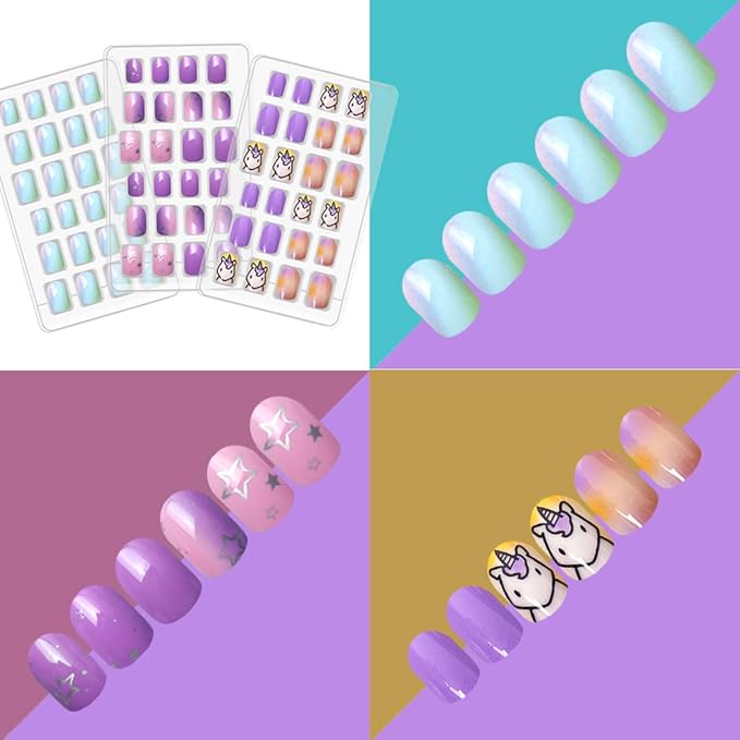 Allstarry 120pcs 5 pack Children Nails Press on Pre-glue Full Cover Glitter Gradient Color Rainbow Short False Nail Kits Lovely Gift for Children Little Girls Nail Art Decoration - Purple Unicorn