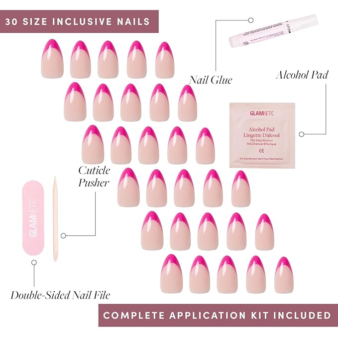 Valentines Day Glamnetic Press On Nails - Raspberry Sorbet | Semi-Transparent Dark Pink Magenta French Tip Short Almond Fake Nails in a Glossy Finish, Salon Quality | 15 Sizes - 30 Nail Kit