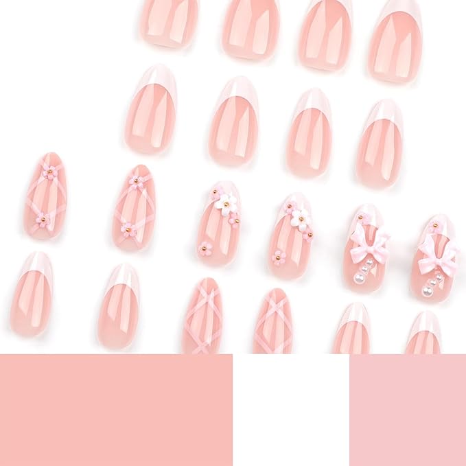 Bow Press on Nails - Almond Fake Nails Press ons - Flower Pink False Nails with Designs 3D - Acrylic French Tip Glue on Nails - for Women Stick on Nails 24Pcs