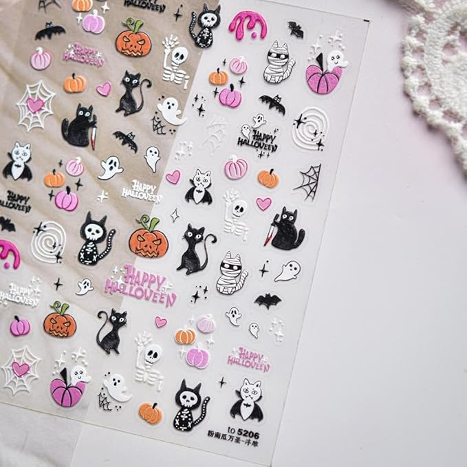 Halloween Nail Stickers 5D Embossed Ghost Nail Supplies 3D Self-Adhesive Pumpkin Nail Decals Cat Nails Designs Spider Web Skeleton Nails Decoration Accessories for Women Girls DIY Manicure 1 Sheet