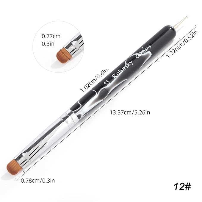 French Manicure Brush - Two Way Nail Art Brush with Dotting Tool for Manicure Cuticle Clean Up - Professional Salon Quality, Nail Dotting Pen (12#, Black)