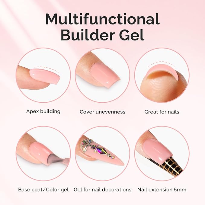 MelodySusie Hema Free Builder Gel Set for Nails Thickening, Clear and Pink, 3PCS 0.5 Fl Oz, Tpo Free, Soak Off UV Extension Gel, Nail Art Design Salon DIY Manicure at Home for Women