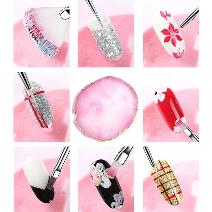 24 Pieces Nail Art Tools Kit Resin Nail Art Palette Acrylic Silicone Engraving Pen Dotting Pen Mixing Palette Detail Brushes Tools for Nail Art DIY Home Salon Makeup Display (Pink)