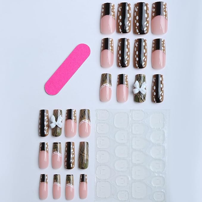 Brown Medium Square Press on Nails Fawn Print Fake Nails Straw Stripe French Tip Design Full Cover Glossy Glue on Nails for Women 24PCS