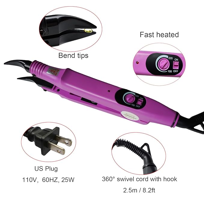 Professional Hair Extension Iron Fast Heat-up Fusion Connector Bonding Tool for Salon Adjustable Temperature Control U Tip Human Hair Extensions Keratin Glue Pink