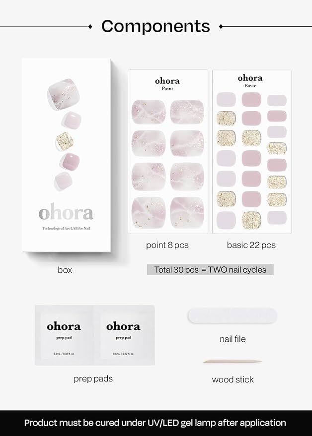 ohora Semi Cured Gel Pedi Strips (P Kagerou) - Purple, Works with Any UV/LED Lamps, Salon-Quality, Long Lasting, Easy to Apply & Remove - Includes 2 Prep Pads, Nail File & Wooden Stick