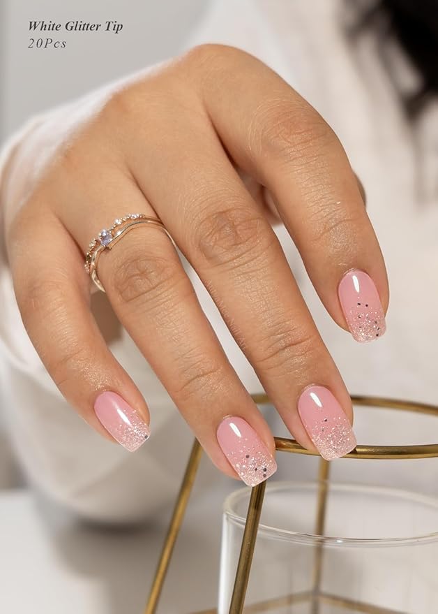 Semi Cured Gel Nail Strips (White Glitter Tip), 20 Pcs Pink Base Gel Nail Wraps, Stickers, Salon Quality, Long Lasting, Works with Any UV Lamps