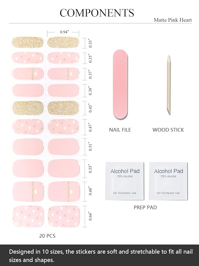 Semi Cured Gel Nail Strips (Matte Pink Heart), 20 Pcs Gel Nail Wraps, Stickers, UV Light Required, Salon Quality, Long Lasting
