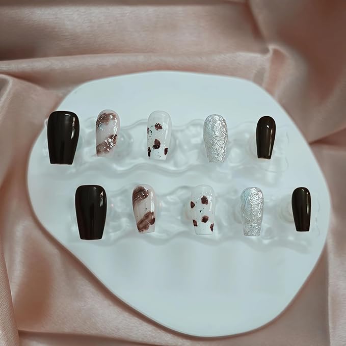 Amber Brown Press on Nails - Short Coffin White Sliver Amber Base Handmade Acrylic Nails Vintage Press-on Nails for New Year Holiday(Autumn-Winter Amber,M)
