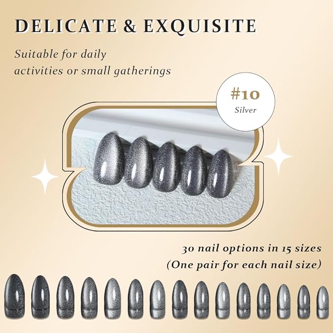 evpct Cat Eye Silver Press on Nails Almond Short, Silver Metal Short Almond Soft Gel Press on Nails with Nail Kit, Fit Perfectly, 30Pcs Reusable Acrylic Fake Press-on Nail Polish Kit for Women Gift