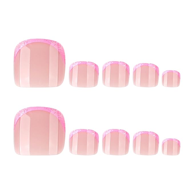 French Pink Press on Toe nails Short Square French Fake Toe Nails Tips Glitter Pink False Toenails Glossy Summer Acrylic Toe Nails Decorations for Women Girls 24Pcs