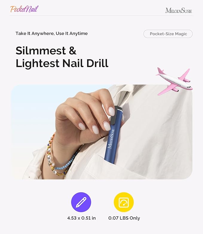 MelodySusie PocketNail Slim Ergonomic Pen-Shaped USB Nail Drill, PC100G 20000RPM Portable Electric File for All Manicure, Pedicure Nail Care, Shaping & Gel Removal at Home for Beginners