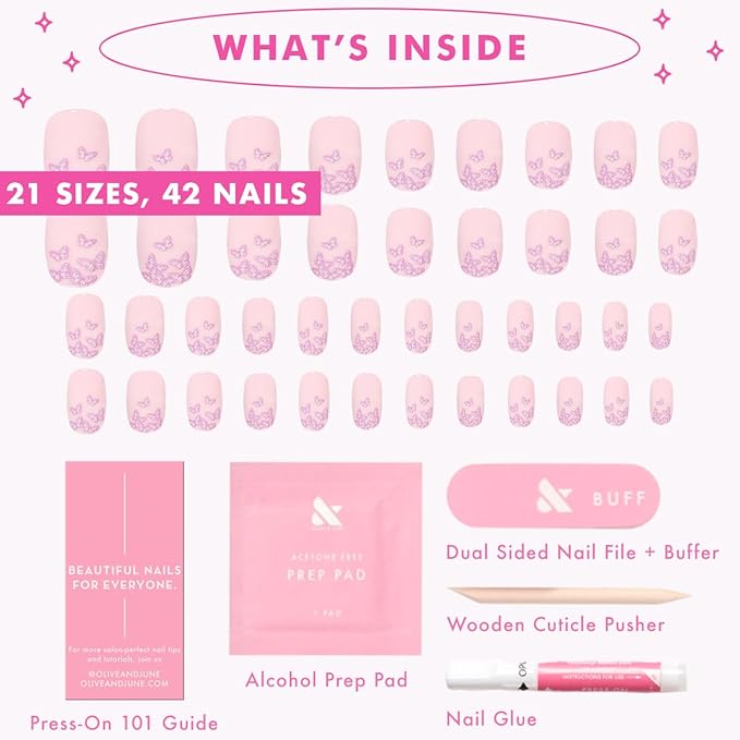 Olive & June Instant Mani Press-On Nails (Glue) | 42 Fake Nails, 21 Sizes | Non-Toxic, Long-Lasting Recycled Materials Realistic Look | Spring Flowers & Patterns | Short, Squoval | Butterfly Ombre
