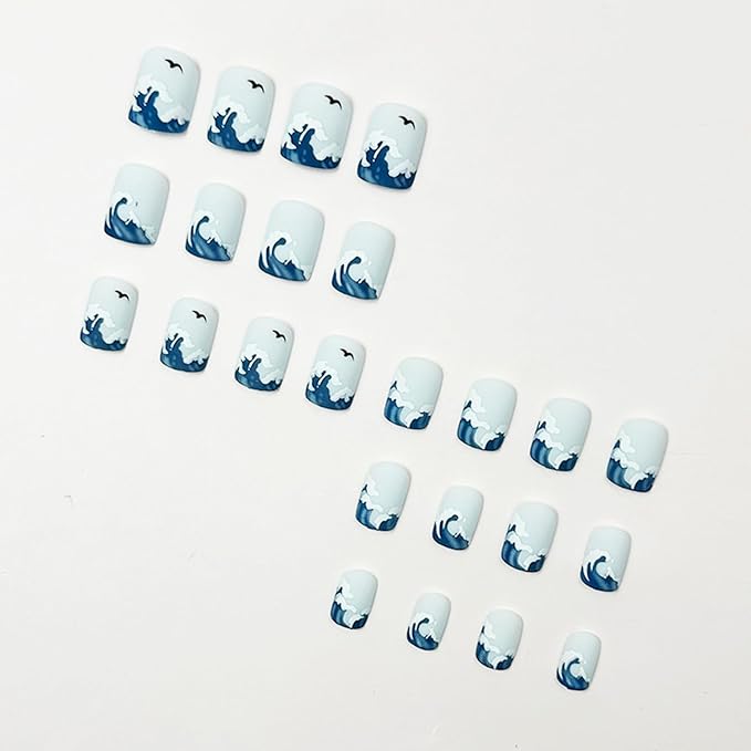 French Tip Square Acrylic Press-On Nails, 24Pcs, Blue, Waves Pattern, Matte Finish