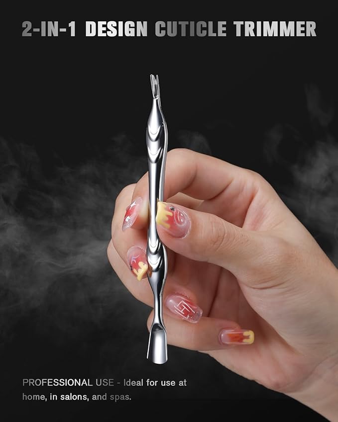 FERYES Cuticle Pusher with Fork, 2-in-1 Cuticle Trimmer Nail Care Tool, Stainless Steel Cuticle Remover Tool for Manicures and Pedicures - Silver