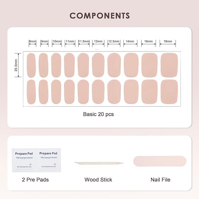 Semi Cured Gel Nail Strips – Real Gel Nail Polish Wraps for Brittle Nails | Waterproof Long Lasting Easy Peel-Off Removal | Hema-Free | 20-Piece Nude Pink Salon Kit with UV Lamps