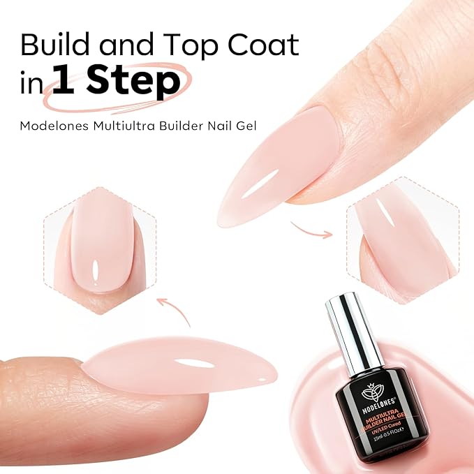 modelones Builder Nail Gel, Builder for Nails No Top Coat Needed, Sheer Nude Pink, C-Curve Sculpting, Glossy Jelly Finish Sheer Light Pink, No-Wipe, 9-in-One LED Lamp Cured Color Gel Polish