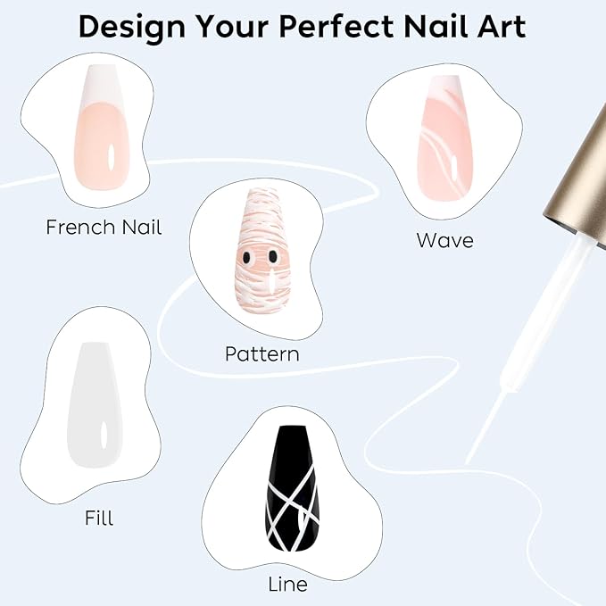 AIMEILI Gel Polish Nail Art Liner, Hema Free, Cruelty Free, Vegan, White Nail Paint Design Build in Thin Brush for Swirl French Tips Manicure DIY