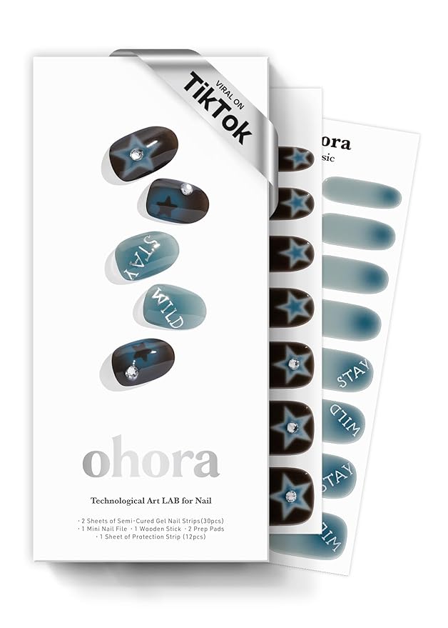 ohora Semi Cured Gel Nail Strips (N Stay Wild) - Works with Any Lamps, Salon-Quality, Long Lasting, Easy to Apply & Remove - Includes 2 Prep Pads, Nail File & Wooden Stick