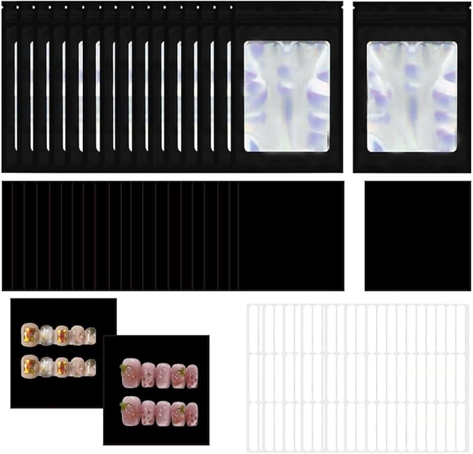 100Pcs Empty Holographic Nail Storage Bag Press on Nail Packaging Bag and 100Pcs Display Black Cardboard with 7 Sheets Pre-cut Nail Tape for Nails Display