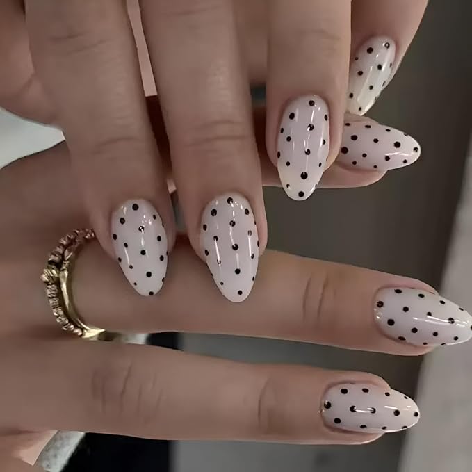 24Pcs Polka Dot Press on Nails Almond Fake Nails Medium False Nails Black White Nails Press Ons Glossy Full Cover Stick on Nail Acrylic Polka Dot Glue on Nail for Women and Girls Decoration