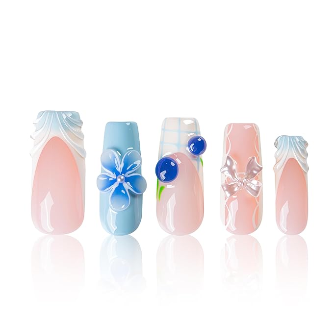 LOVFUL Short French Tip Press on Nails Blueberry Bloom | Handmade Acrylic Press ons| Reusable Fake False Nails | Square Classic Regular 1.3in | H736-M