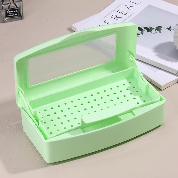 Nail Tool Sterilizer Box Plastic Disinfectant Container for Nail Art Accessories Tools, Sterilizer Soaking Box with Strainer Pedicure Manicure Cleaning Equipment, Green