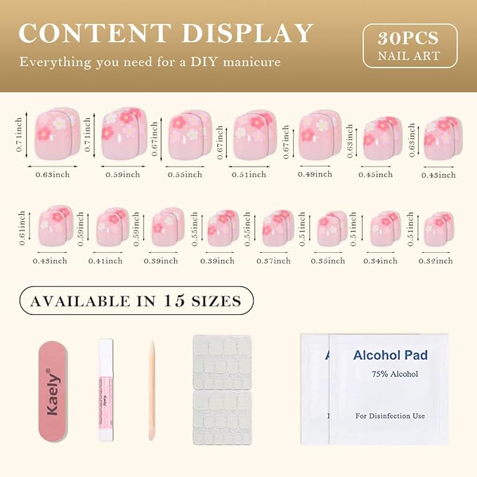 evpct Pink Flower Press on Nails Short Square, Glossy Cute Pink Fake Nails with Floral Design, Stick on Nail Press ons for Women Gifts, Soft Gel Acrylic Nail Perfectly Fit with Manicure Kit 30Pcs
