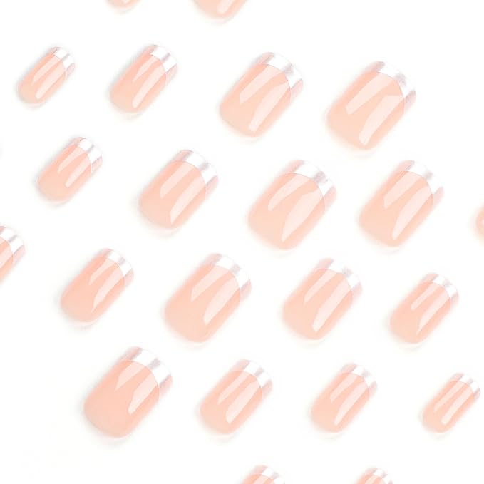 Press on Nails Square - Short Fake Nails with Silver French Design - Nude False Nails Glossy Stick on - for Women 24 Pcs
