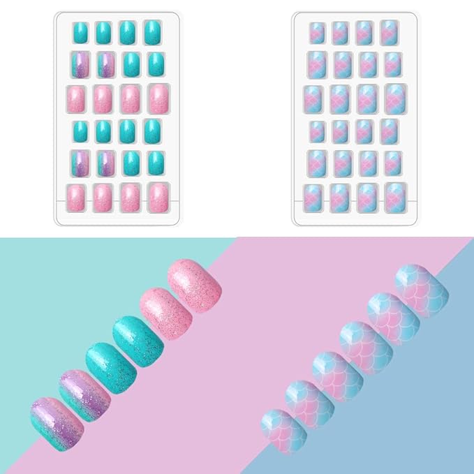 Allstarry 120pcs 5 pack Children Nails Press on Pre-glue Full Cover Glitter Gradient Color Rainbow Short False Nail Kits Lovely Gift for Children Little Girls Nail Art Decoration - Purple Unicorn