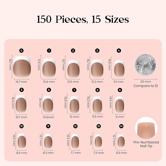 Beetles X Press Plus French Tip Nails - Caramel French | Brown Short Square French Tip Press On Nails | 15 Sizes 150 Pcs Natural Salon Quality Nail Tips