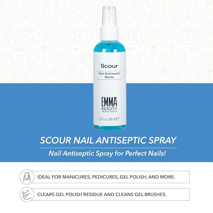 EMMA Beauty Scour Nail Antiseptic Spray, Nail Surface Cleanser and Cleaning Solution, 12+ Free Formula, 100% Vegan & Cruelty-Free, 3.3 oz.