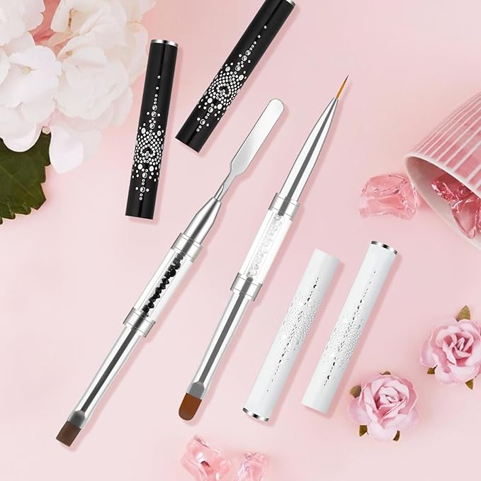 2Pcs Double Ended Nail Art Brushes Hard Gel Nail Brush French Tip Brush Hard Gel for Nails Salon Grade Rhinestone Handle Professional Nail Art Design Brushes(White, Black)