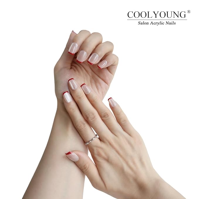 Press On Nails, COOLYOUNG Red French Tip Press On Nails, Cat Eye Nails, Short Natural Acrylic Fake Nails for Women, 30 PCS False Nails