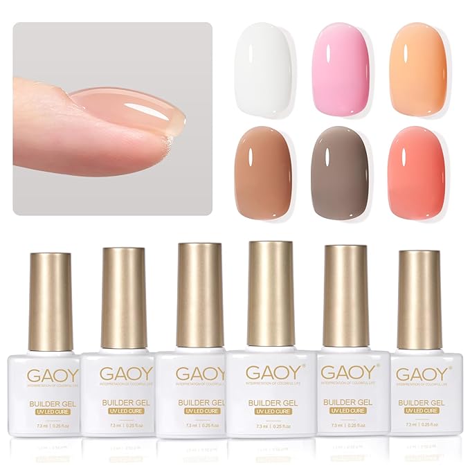 GAOY 6 Colors Builder Gel Set - Milky White, Pink, Nude Jelly Nail Strengthener, Soak Off Nail Extension Hard Gel, Vivid Nude, Base Coat Top Coat Needed