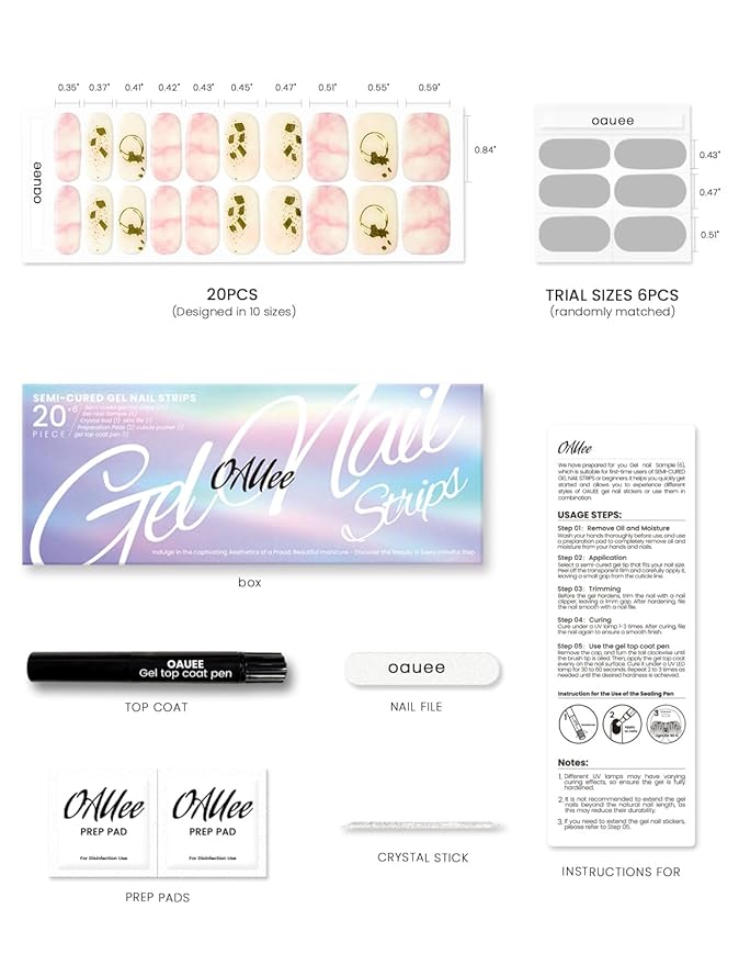 Semi Cured Gel Nail Strips | Built-In Gel Top Coat | UV Light Required | Salon Quality, Easy Application And Removal (Gilded Marble Dream）