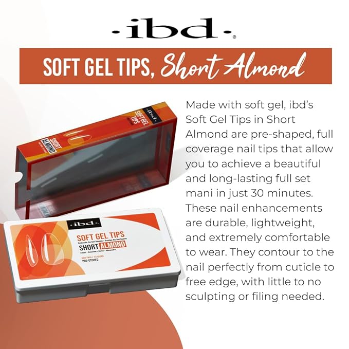 IBD Clear Soft Gel Nail Tips - Pre-Etched Short Almond Nail Tips for Strong Adhesion Acrylic Gel Extensions, Easy Press On DIY Nail Art, 504 Pcs, 12 Sizes