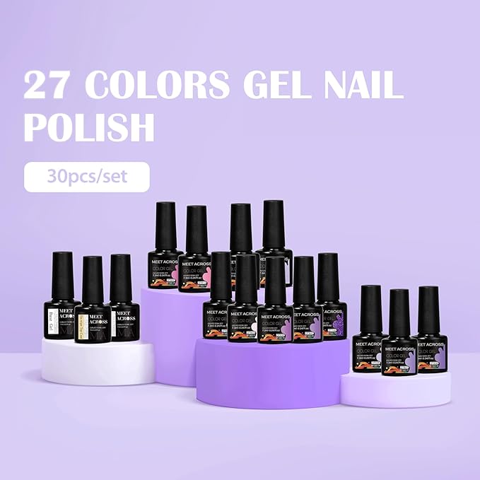 MEET ACROSS 30pcs Gel Nail Polish Set,Soak Off UV LED Lamp Gel Nail Polish Kit,Fashion Shimmer Nail Art Design Gifts for Women Manicure Salon (Pink Purple)