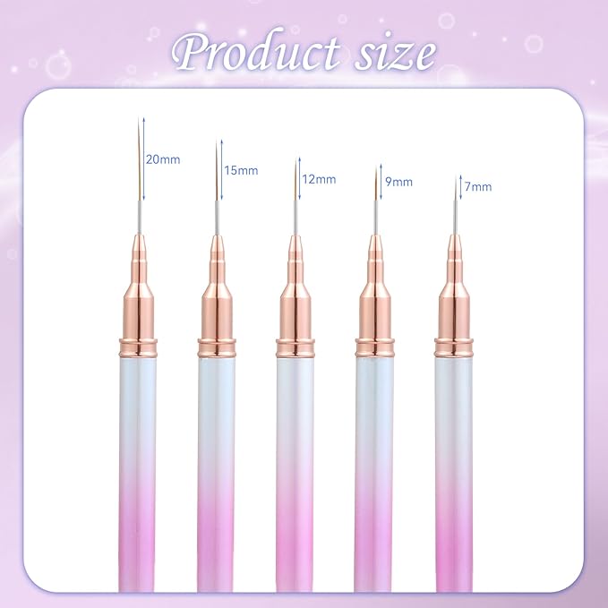 5Pcs Nail Art Liner Brushes For UV Gel Polish, Metal Handle Thin Lines Fine Drawing Pen Painting Striping Detail Design Nails Brush Set Manicure DIY Tool, Sizes 7/9/12/15/20mm（Gradient powder）
