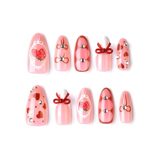 Valentines Press on Nails Medium Almond Fake Nails Red Heart Nails Press Ons 3D Bow Glue on Nail with Rhinestones Design Strawberry False Nails Glossy Stick on Nail for Women Decoration Set 30Pcs