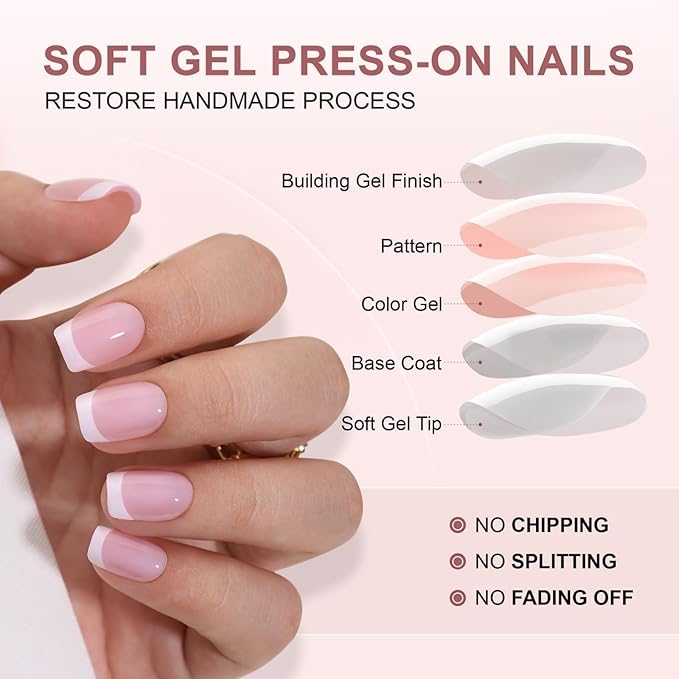 French Tip Press On Nails Short Square Fake Nails with Glue, SEENEEY Soft Gel Nail Press ons, Glue Included Stick On Nail in 16 Sizes for Women 32 Pcs