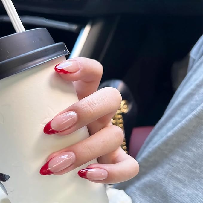 30Pcs Almond Press On Nails - Supremely Fit & Natural Soft Gel Almond Nails,15 Sizes, Reusable Fake Nails Kit with Gift Box for Women (Red Frech)