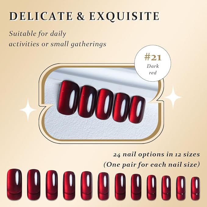 evpct Dark Blood Red Metallic Cat Eye Press on Nails Square Medium, Stick on Nails Medium Length Square for Women, Red Metallic Nail press ons, Iridescent Glitter Halloween Acrylic Fake Press on Nail