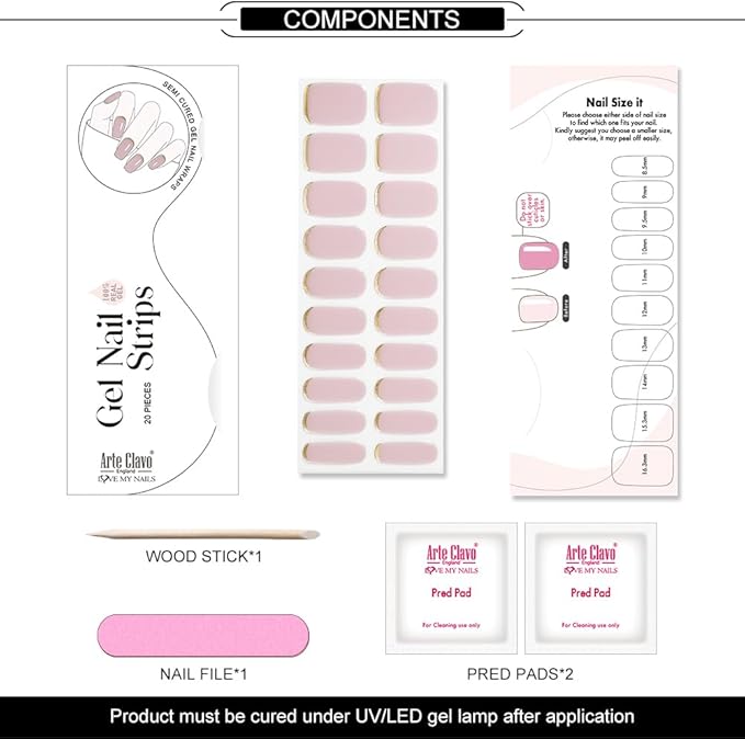 Arte Clavo Semi Cured Gel Nail Strips, 20 Pcs Gel Nail Stickers with UV Light Required, Salon Quality, Long Lasting, Easy Apply and Remove (French Pink)