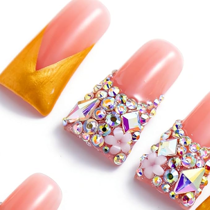 10 Pieces Handmade Luxury Metallic Yellow Shimmer with AB Crystal Shine Long Press On Nails With Bling Rhinestones And Y2K Princess Vibes, Reusable Fake Nails, Acrylic Nails (S)