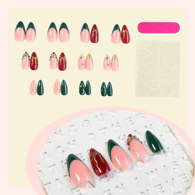 Christmas Press on Nails Short Almond Fake Nails Red Green Nails Press ons with Gold Bow,Gems Design Full Cover Stick on Nail for Women Holiday Manicure,Reusable | Nail Sticky Tab | Easy Apply | 24Pcs