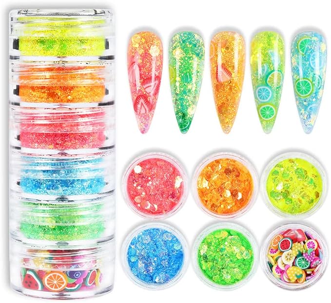 Nail Art Iridescent Sequins 3D Glitter Flakes Makeup Chunky Fruits Slices Polymer Manicure Accessories for Acrylic Nails Resin Crafts Makeup Decorations