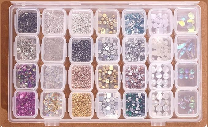 Rhinestones & Pearls for Nail 3D Steel Caviar Beads 28 Cells Nail Art Storage Case Crystals Gems Accessories Clear Plastic Container for Rhinestones Beads Organizer Box