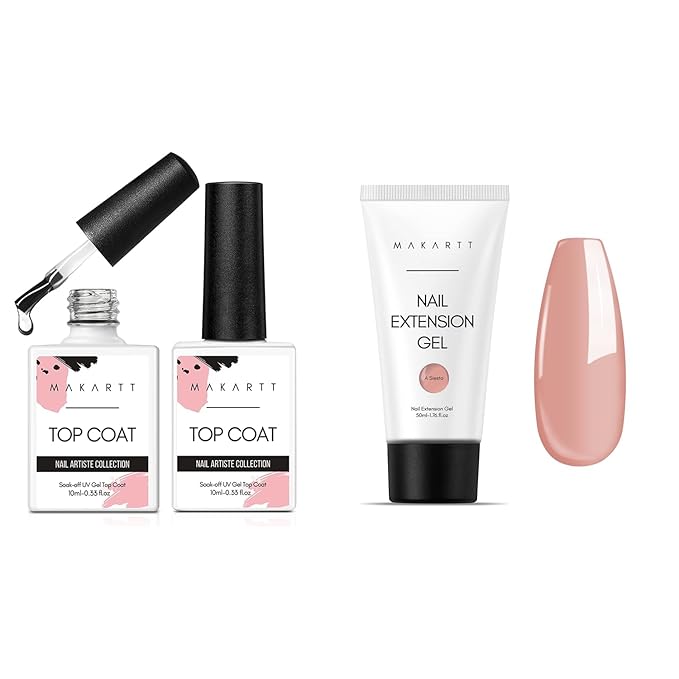 Makartt Nude Nail Extension Gel Kit – 50ML Siesta Natural Builder Gel with No Wipe Top Coat, Soak-Off UV LED Set for Spring & Summer Nail Designs