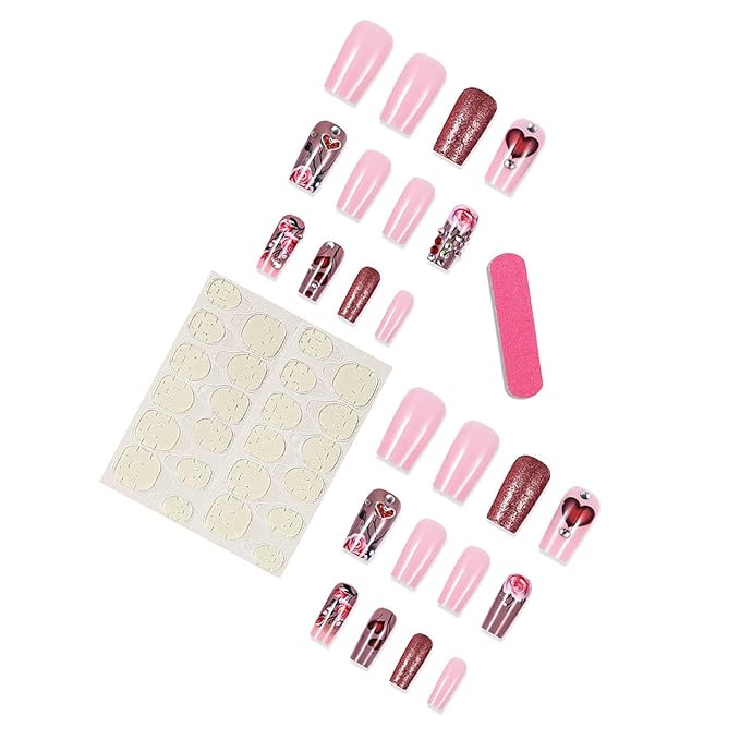 Coffin Press on Nails Medium Length Fake Nails Glitter Nails Press Ons Valentines Day Acrylic Nails With Cute Heart and Flower Design Glue on Nails Square Full Cover Artificial Nails for Women 24Pcs